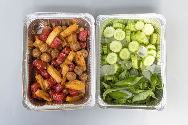 Meal prep boxes with meatballs, sweet potato and greens